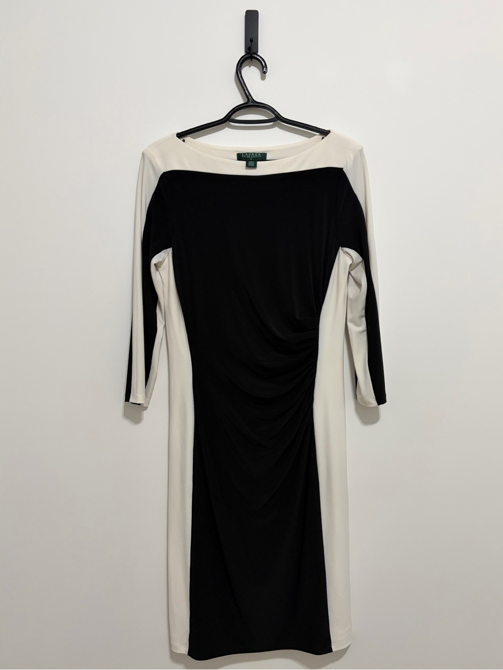 Ralph Lauren Black and White Quarter Sleeve Ruched Sheath Dress